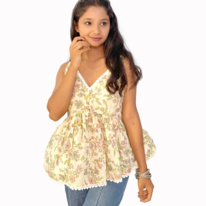 "तन्वी" Women’s Floral Print Peplum Cotton Top With Lace (Sleeveless, V-Neck)