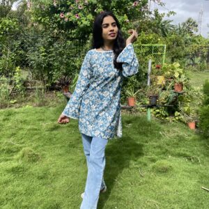 Beautiful blue floral printed kurti with straight cut design and full sleeves