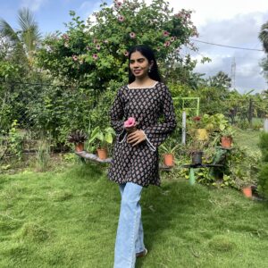 Elegant black kurti with red & white small motifs, straight fit with full sleeves