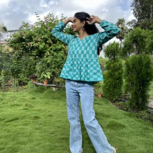 Teal kurti with geometric prints, casual wear with full sleeves